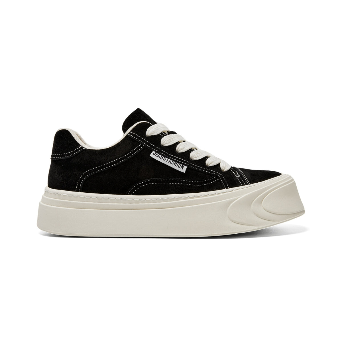 Chunky suede platform trainers in black with contrast stitching, pigskin insole, and elevated sole for modern everyday wear.