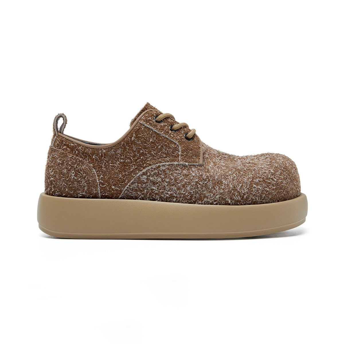 Suede platform trainers in brown with textured suede upper, cushioned pigskin insole, and minimalist round-toe design.