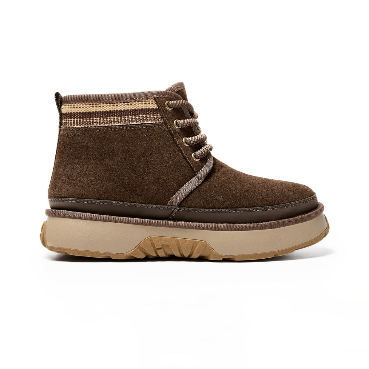 Suede winter boots with multi-material panels, thick sole, and short lace-up shaft for durable and comfortable cold-weather wear.