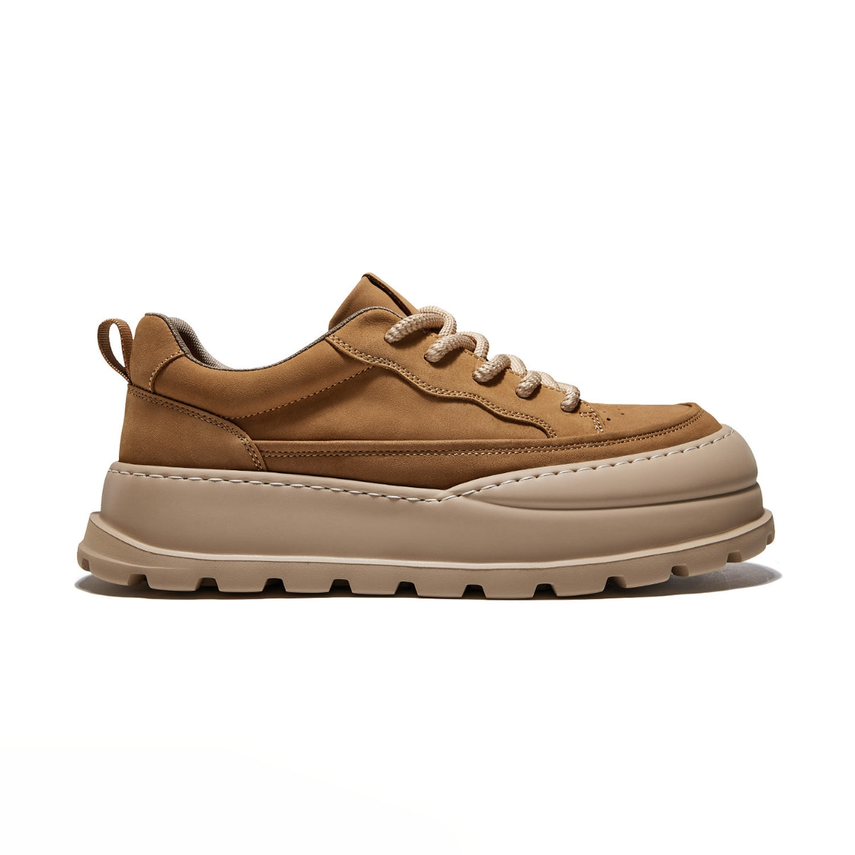 Suede workwear trainers in camel brown with thick rubber sole, soft pigskin insole, and round toe design for modern casual wear.